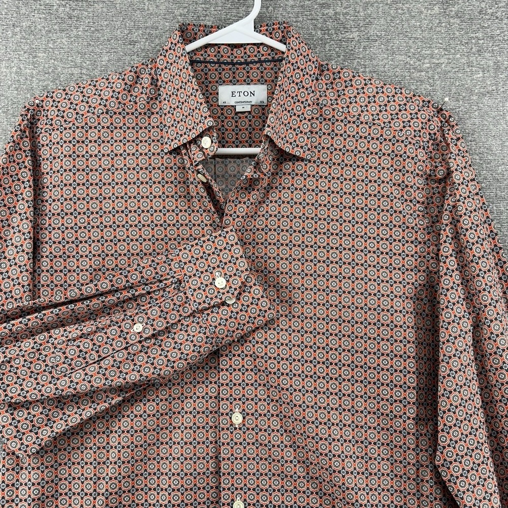 Eton Shirt Men Size 40/15/34-Medium Orange Geometric Long Sleeve Button Up